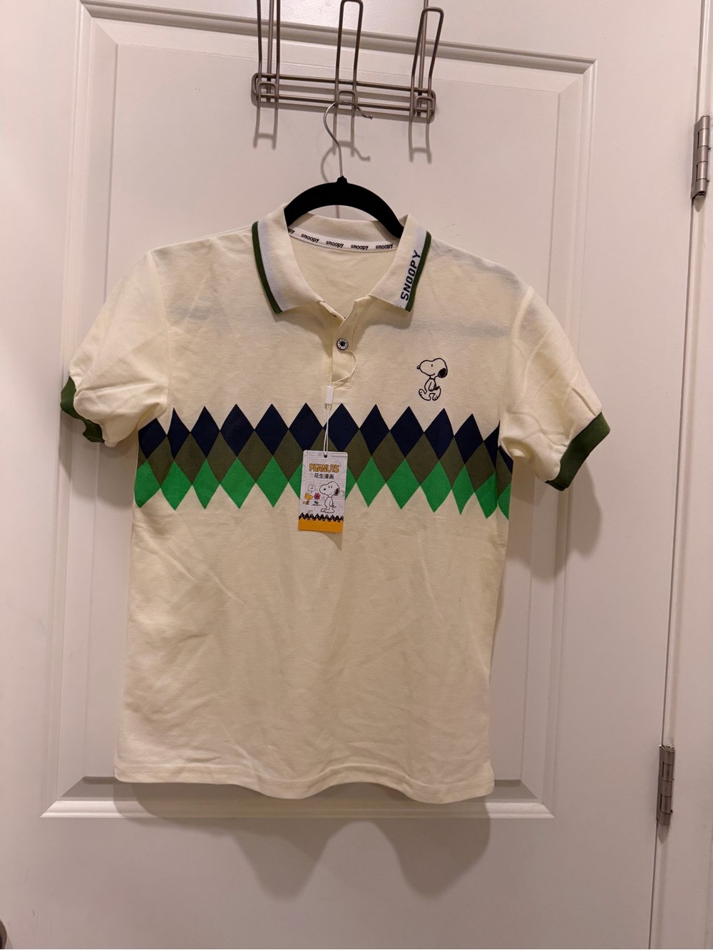 Snoopy Peanuts Argyle Polo
Shirt Cream Green Blue
Short Sleeve NWT Size M